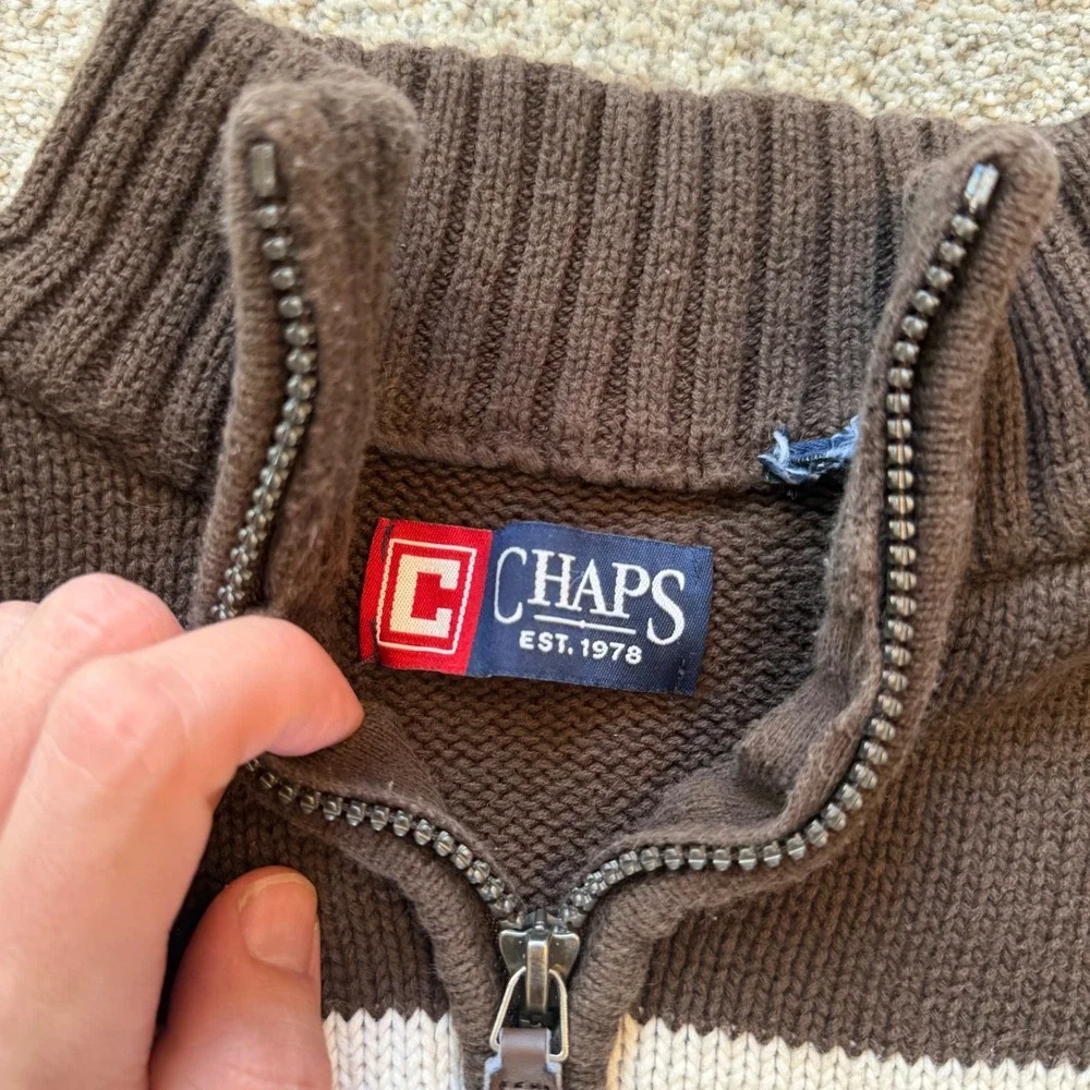 Chaps Mens Quarter Zip Sweater Brown Striped Mock Neck Knit Pullover Logo